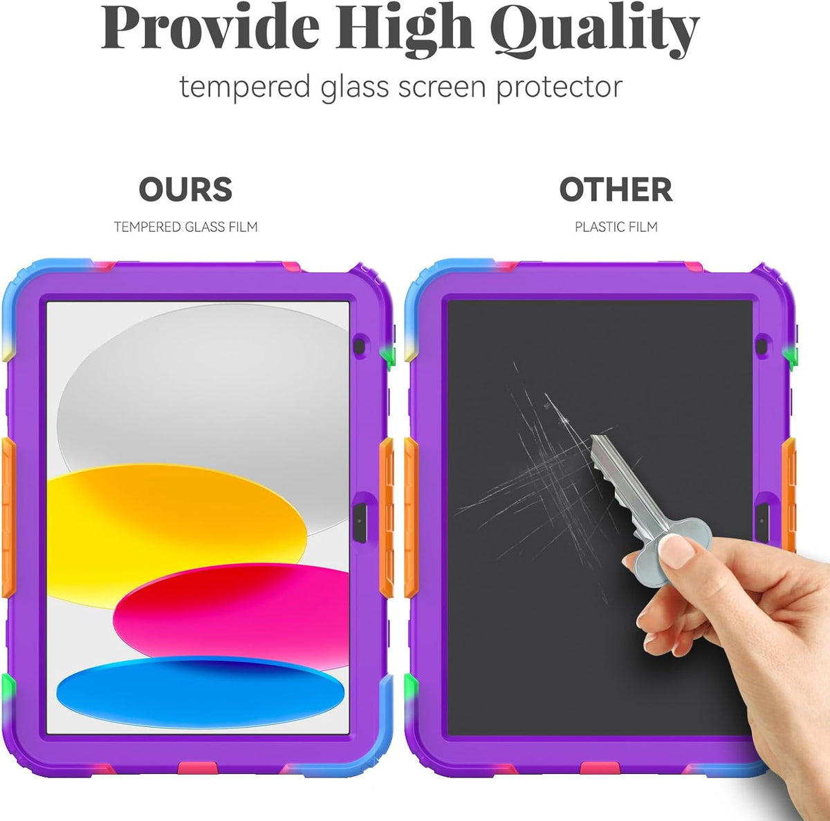 BLOSOMEET Case for iPad A16 11th/10th Generation 11''/10.9'' 2025/2022 with Tempered Glass Screen Protector & Pencil Holder, Rugged Military Grade Cover w/Stand Hand Shoulder Strap, Purple