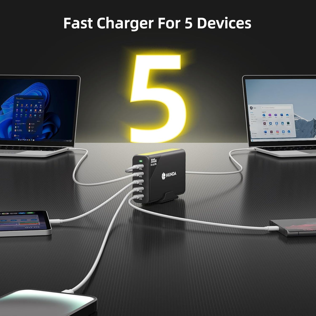 HUNDA 300W USB C Charger GaN Charging Station Desktop 5 Ports PD 100W Fast Power Adapter Support PD3.0 /PPS 45W /QC5 for MacBook Pro/Air, iPhone 15 Pro,Samsung,HP,Dell etc