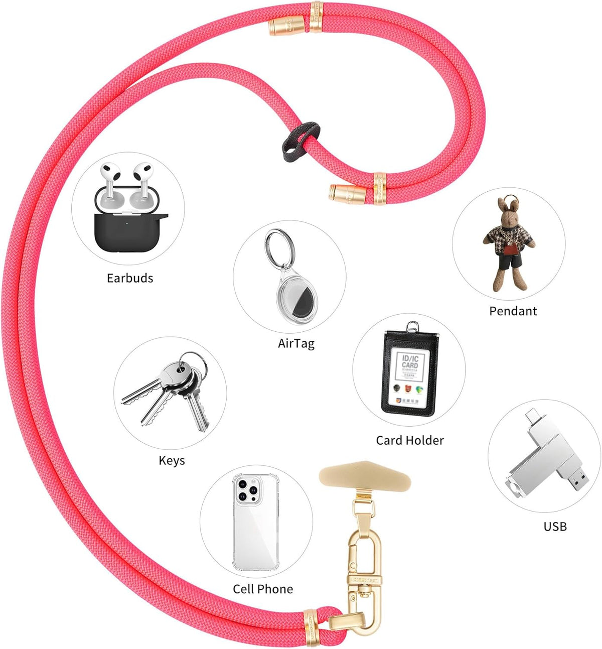 Adjustable Anti-Theft Phone Lanyard - 8mm Mountain Climbing Rope Neck & Crossbody Strap with Secure Locking Metal Clip - Rugged Outdoor Design for Smartphones (Rose Red)