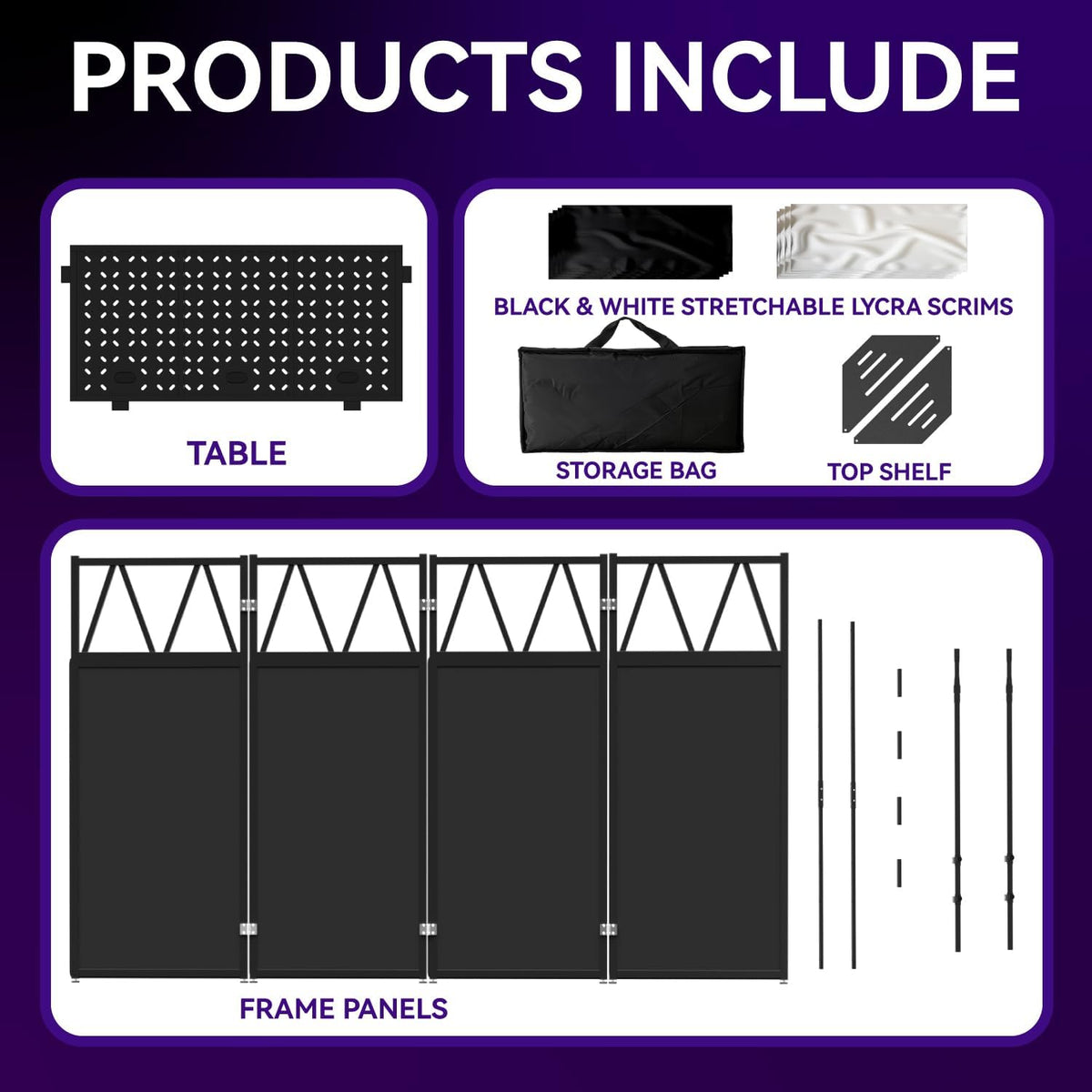 Portable DJ Booth,Foldable DJ Table Stand with Light Stand White & Black Scrim,Adjustable DJ Facade Booth Station Triangle Plate Metal Frame DJ Table with Cable Hole for Private Events, Clubs, Bars