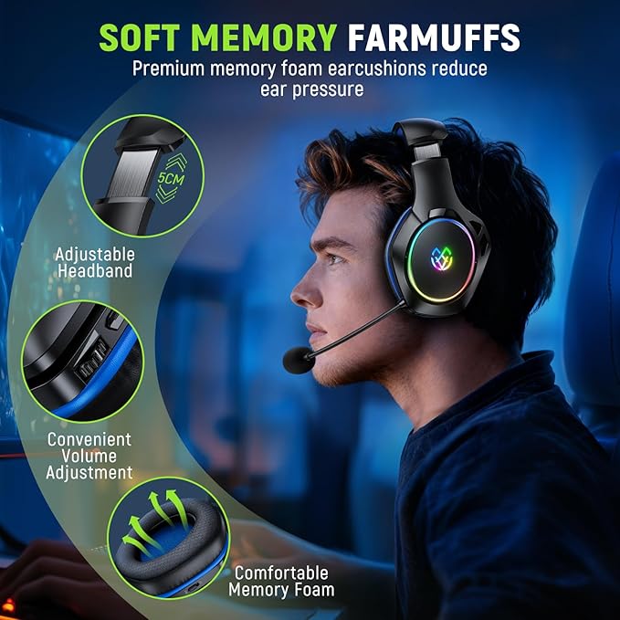 Wireless Gaming Headset for Ps5 Ps4 Pc with 7.1 Surround Sound 360° Adjustable Microphone 40H+ Battery 2.4GHz USB & Type-C – Compatible with Switch Laptop Mac Mobile Phone