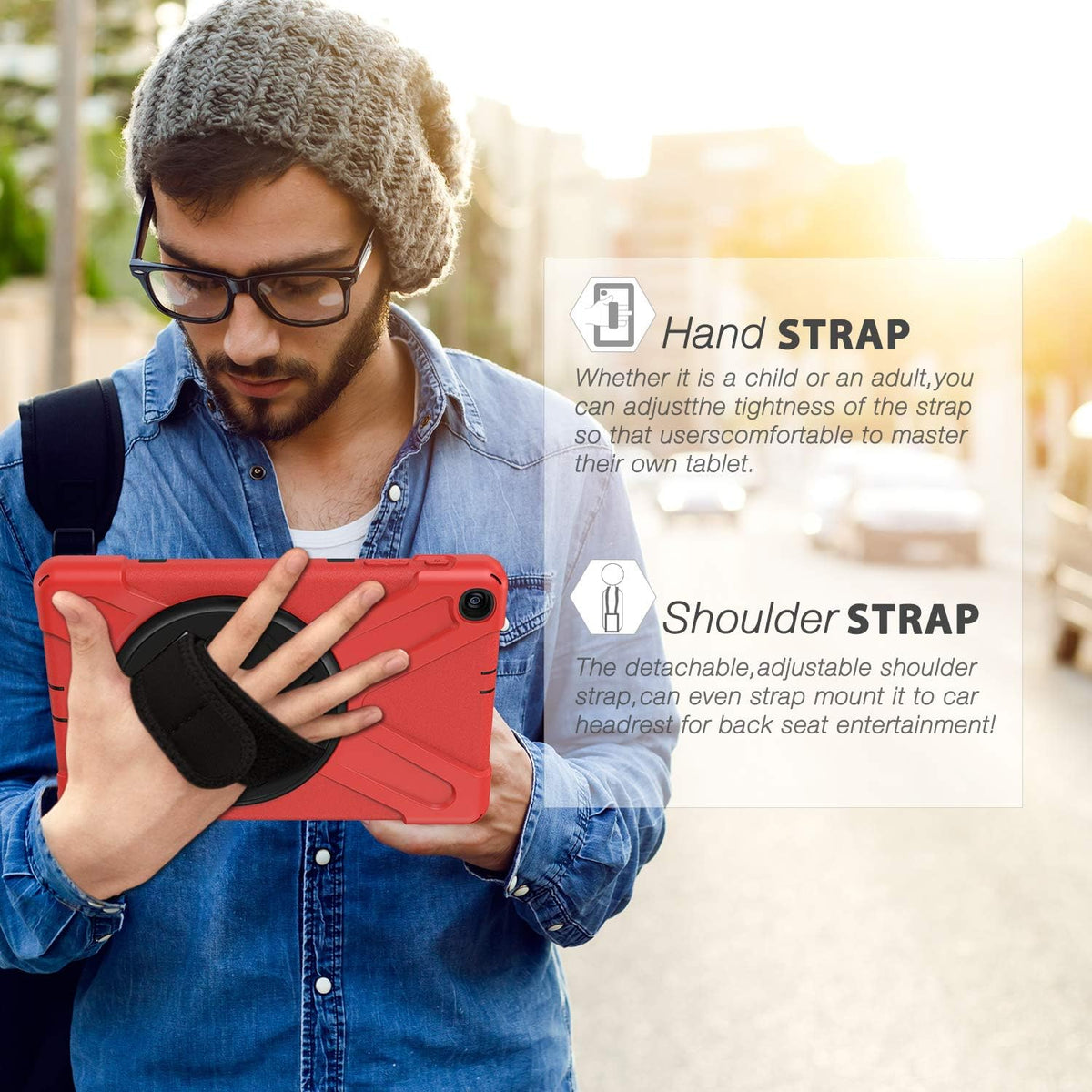 BRAECN Case for Samsung Galaxy Tab A 10.1 2019,Shockproof Protective Case with Carrying Shoulder Strap and Rotatable Kickstand/Handle Hand Strap for Galaxy Tab A 10.1 2019 SM-T510/SM-T515 -Red