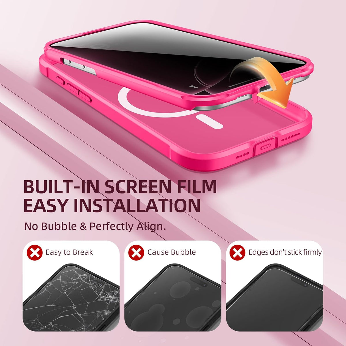 BERFY Magnetic for iPhone 16 Pro Max Case, Compatible with MagSafe, Built-in Privacy Screen Protector and Upgraded Camera Protection, Anti-Spy Full Body Shockproof Phone case for 16 Pro Max, Hot Pink