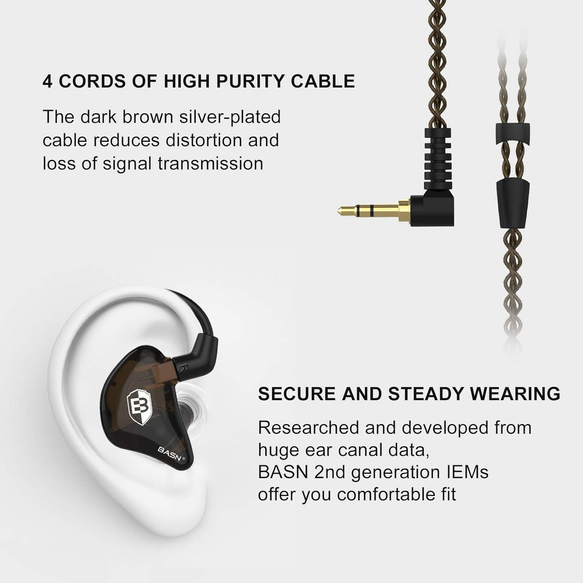 BASN in Ear Monitor Headphones for Musicians, Bsinger 2nd Generation Sound Isolating Earphones with Dual Dynamic Drivers Detachable MMCX Cable (Brown)…