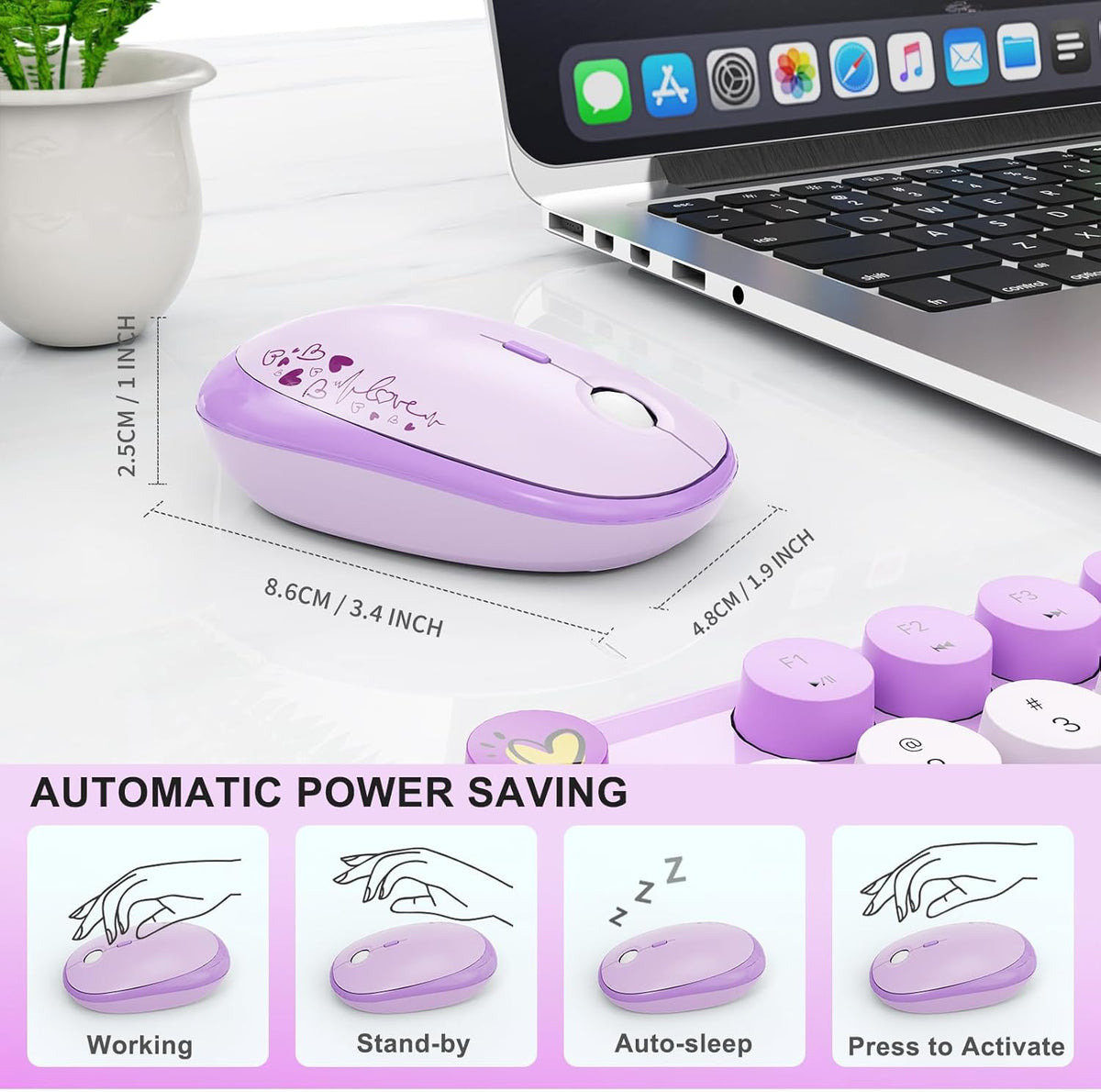 Wireless Keyboard and Mouse Set, 104 Round Keys Full-Size Cute Colorful Keyboard and Mouse with Retro Typewriter for PC/Mac/Laptop/Tablet/Computer/Windows Purple