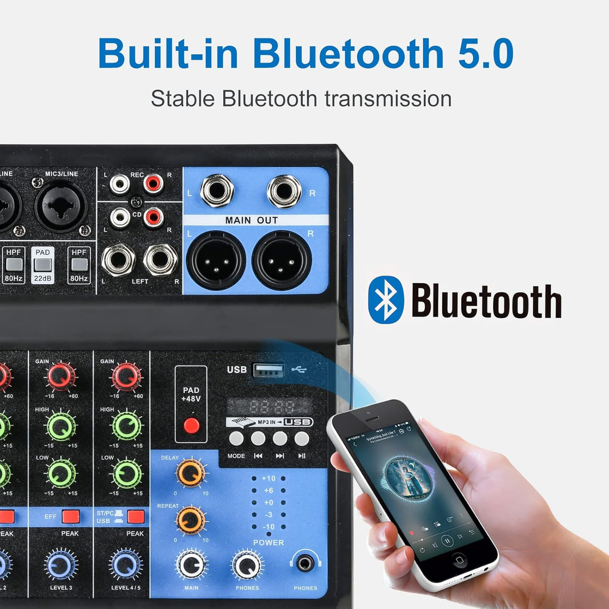 Dj Mixers 5 Channel Audio Mixer Sound Board with Bluetooth, Usb Audio Interface with 48V Phantom Power Sounds Mixer Board with FX Reverb Delay Effect for Streaming