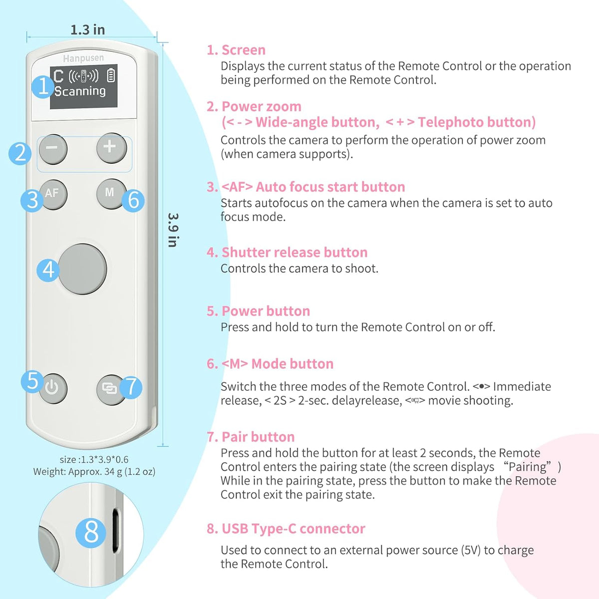 for Canon Rechargeable Wireless Remote Control - Camera Remote Shutter Release with Zoom Focus Compatible with Canon G7X Mark III/R50/R6 II/R10/R/RP/R5/R8/R100/M50/M200/M6 Mrak II/R5 II/6D II/SL3