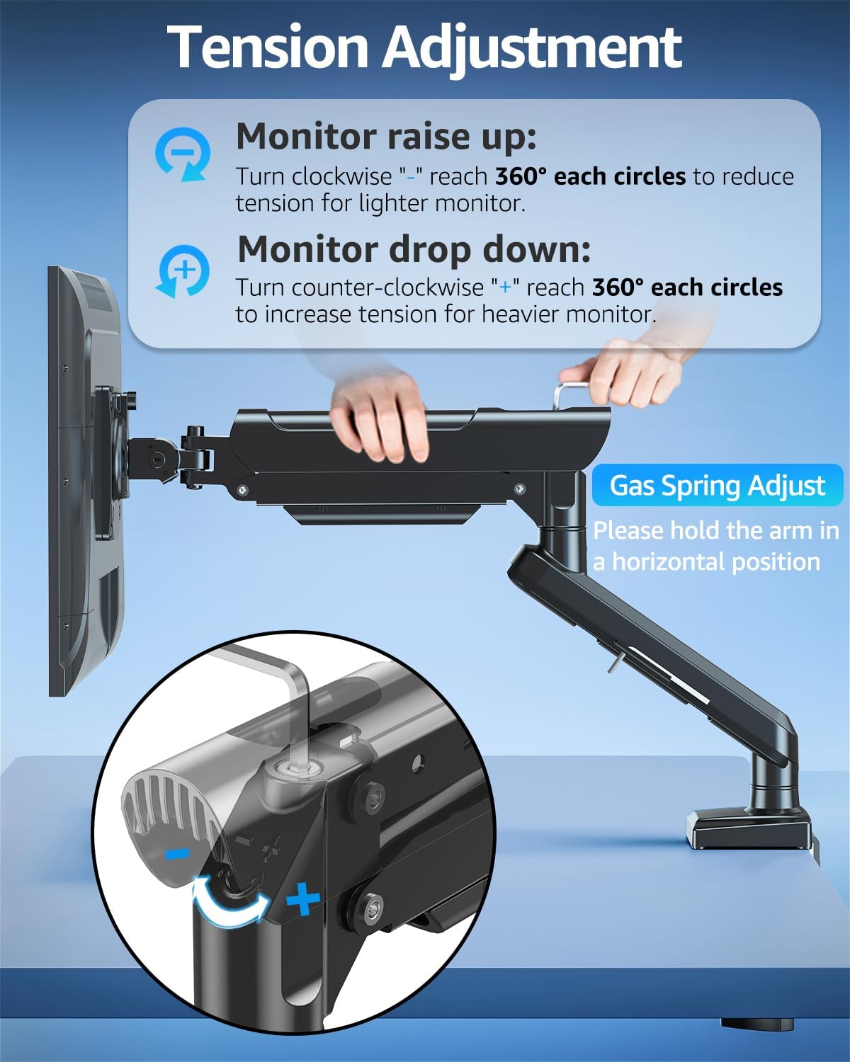 Single Monitor Mount for 22 24 27 32 inch Screen, Gas Spring Arm Holds 4.4-22 lbs, Monitor Desk Mount, Gaming & Home Office Use, VESA 75x75mm & 100x100mm, Freelift Pro Black