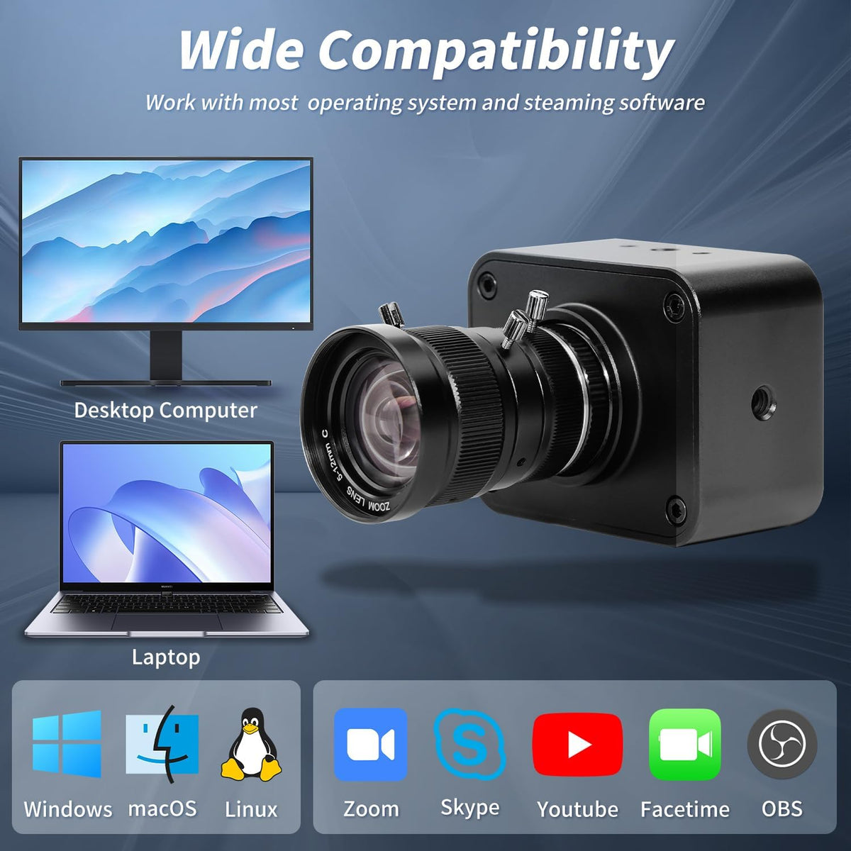 MOKOSE USB Camera 4K,USB3.0 Manual Focus Webcam with 5-12mm Varifocal Lens, IMX678 1/1.8" 8MP Sensor Support YUY2,Web Camera for Desktop Computer Laptop