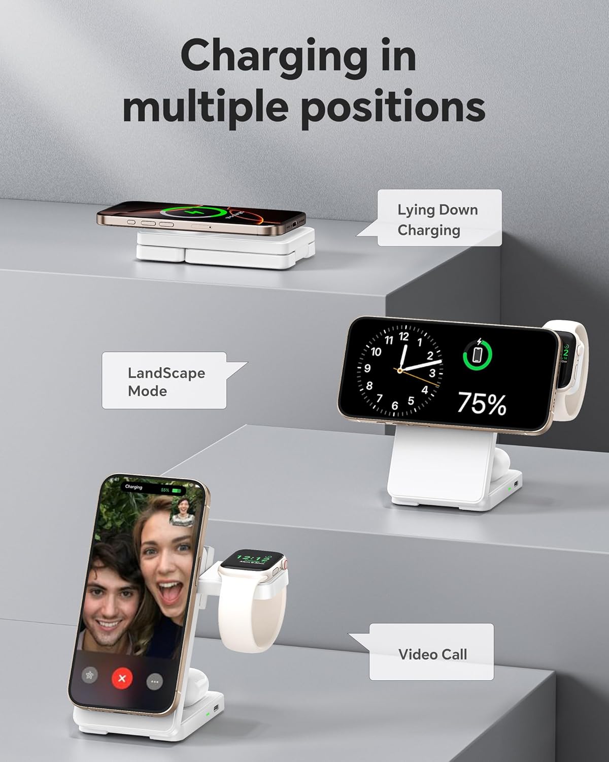 3 in 1 Charging Station for iPhone 16/15/14/13/12 Series, Wireless Charger for Apple Watch,Travel Magnetic Charging Stand for AirPods (White Grey)