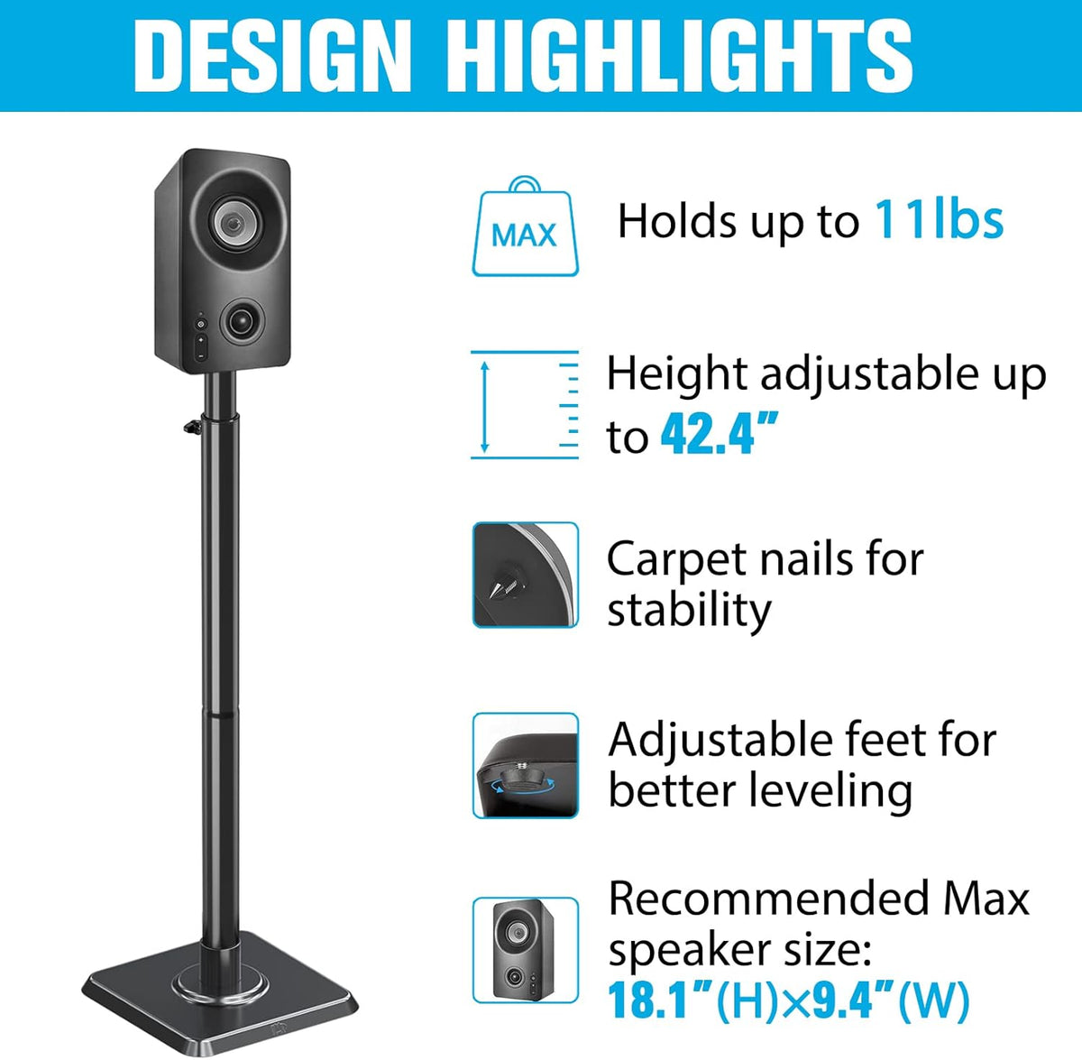 Mounting Dream Speaker Stands - Height Adjustable Speaker Stand for Vizio, Polk, JBL, Sony, Speaker Stands Pair with Wire Management (Holds up to11LBS Per Stand)