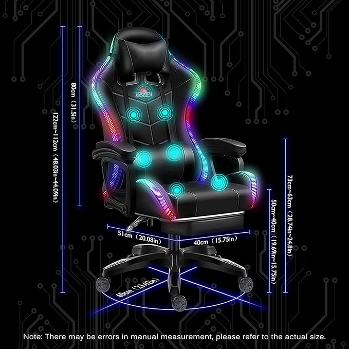 Gaming Chair with LED Light Ergonomic Chair with Massage and Bluetooth Speaker Executive Office Chair with Footrest 360° Rotation90-135° AdjustableSuitable for Office Bedroom Gaming