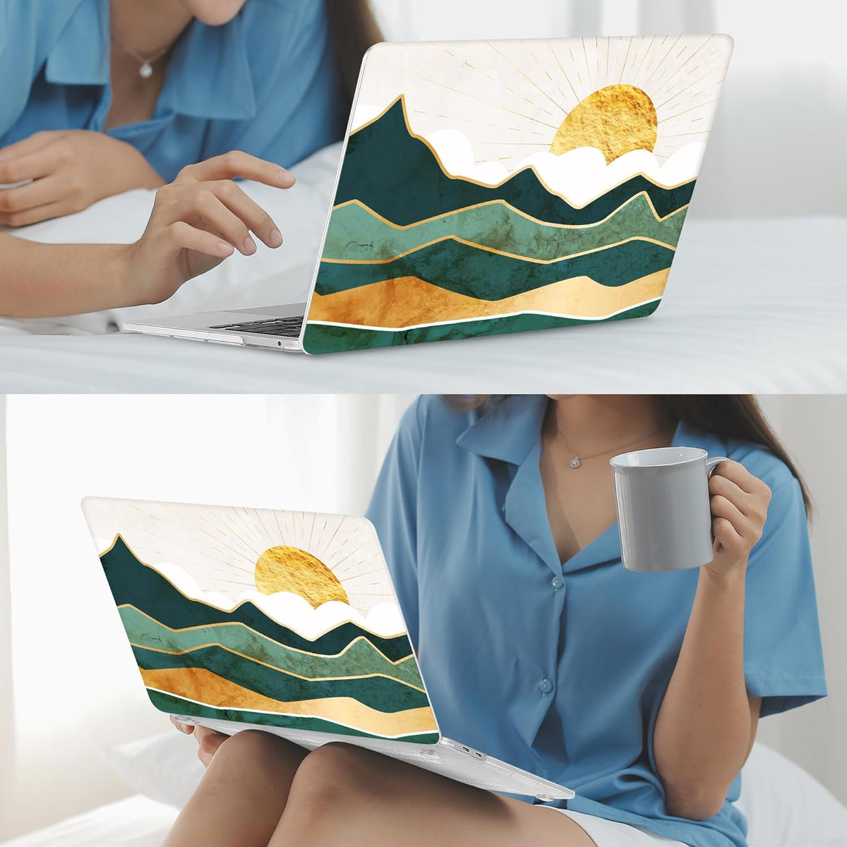 Mektron for MacBook Air 13 Case A1466/A1369 (2010-2017 Release), Snap-on Plastic Hard Shell Cover for MacBook Air 13.3 inch with Keyboard Cover, Golden Mountains by Sunrise