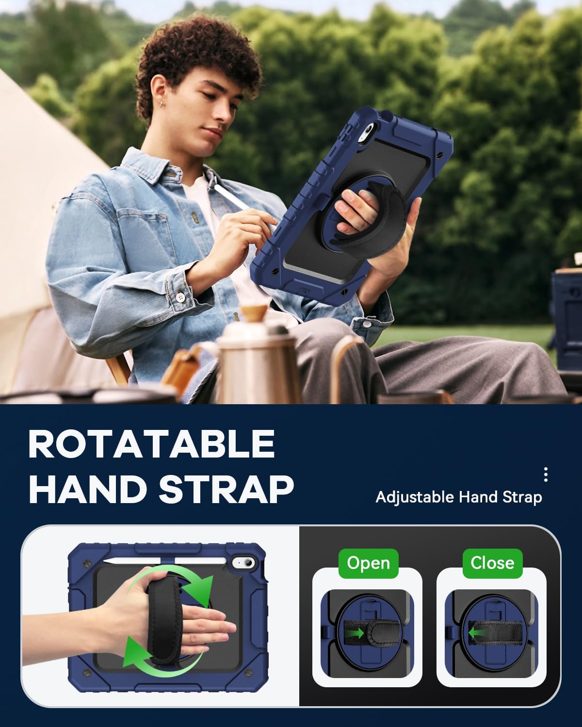 Cantis Case for iPad 11-inch (A16) 2025/ iPad 10th Generation 2022 (10.9 inch) with Screen Protector, iPad 11th Case with 360 Degree Rotating Stand/Shoulder Strap/Pencil Holder, Navy Blue