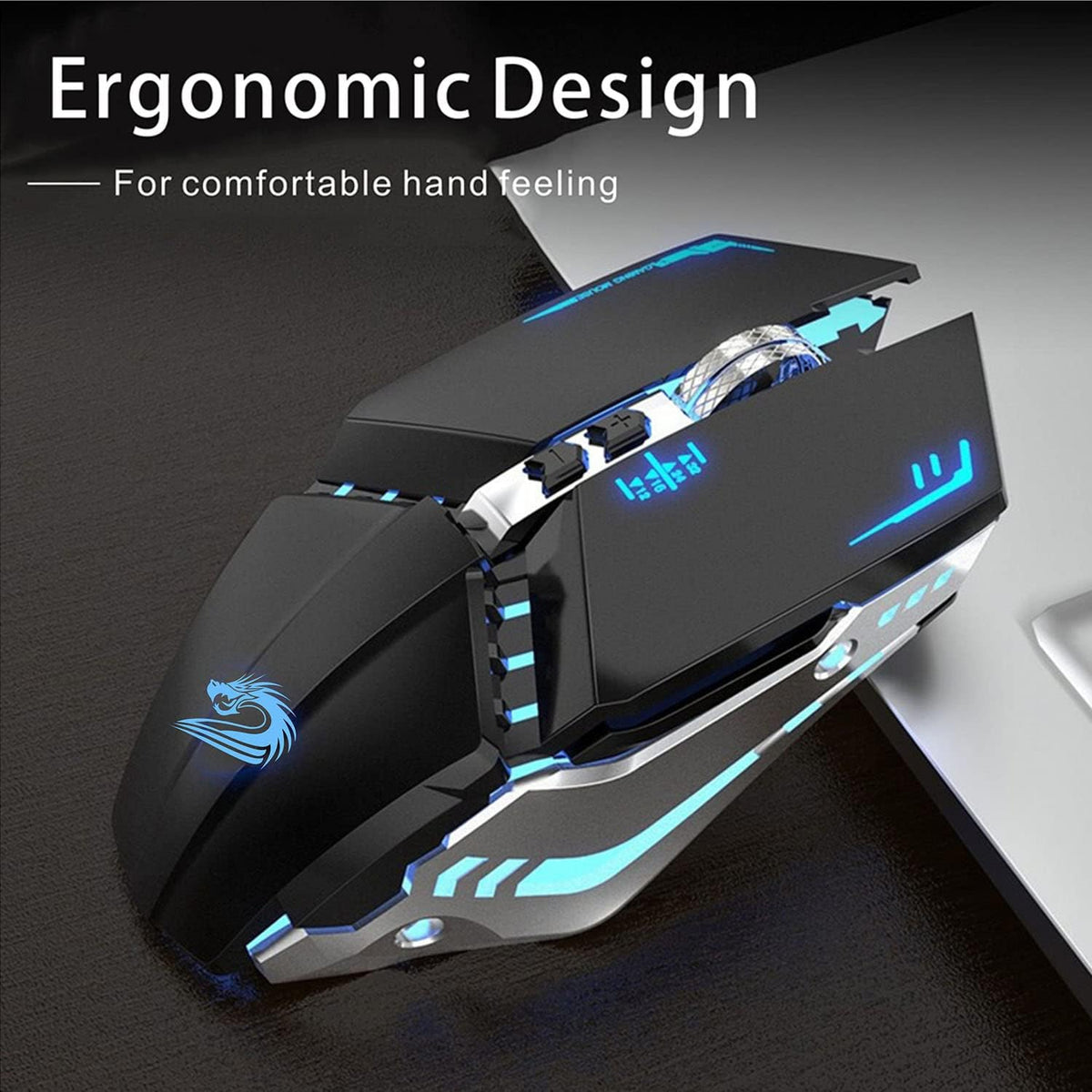 TENMOS T12 Wireless Gaming Mouse Rechargeable, 2.4G Silent Optical Wireless Computer Mice with Changeable LED Light for Laptop PC, 7 Buttons (Black)