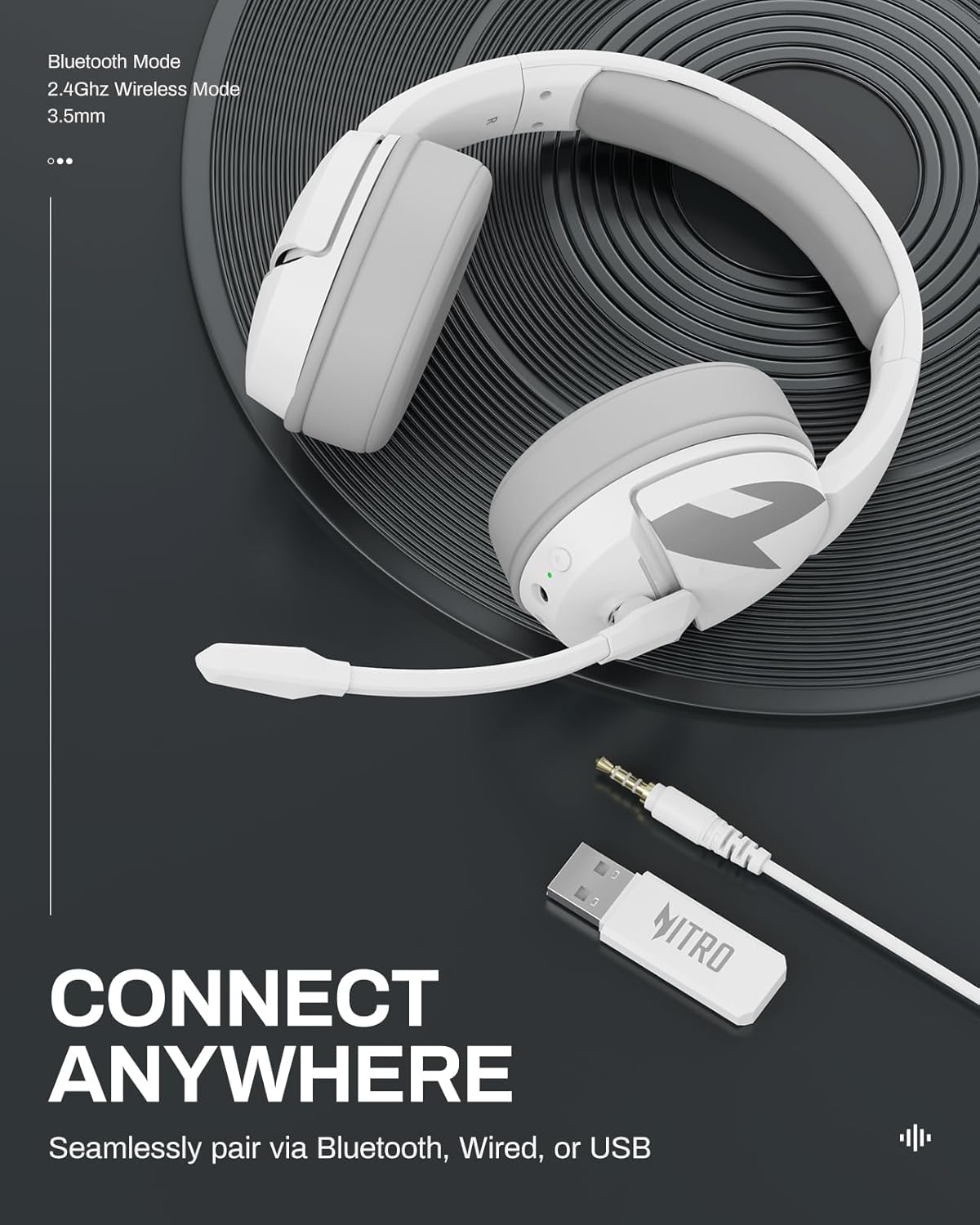 acer Wireless Gaming Headset, PS5 Headset with 2.4GHz for Ps5, Ps4, PC, Switch, Bluetooth 5.3 + 100Hrs Gaming Headphones with Noise Canceling Mic for Laptop, Mobile, Mac, 50mm Drivers (White)
