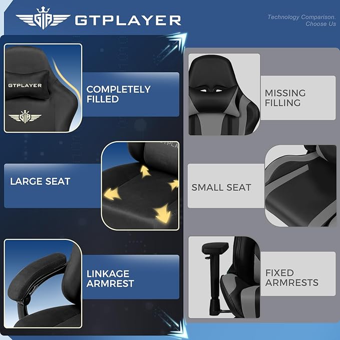 GTPLAYER Gaming Chair Fabric with Pocket Spring Cushion Big and Tall Gamings Chairs 350LBS High Back Computer Chair with Footrest for Adults Lumbar Support Swivel Game Chair for Office Light Black