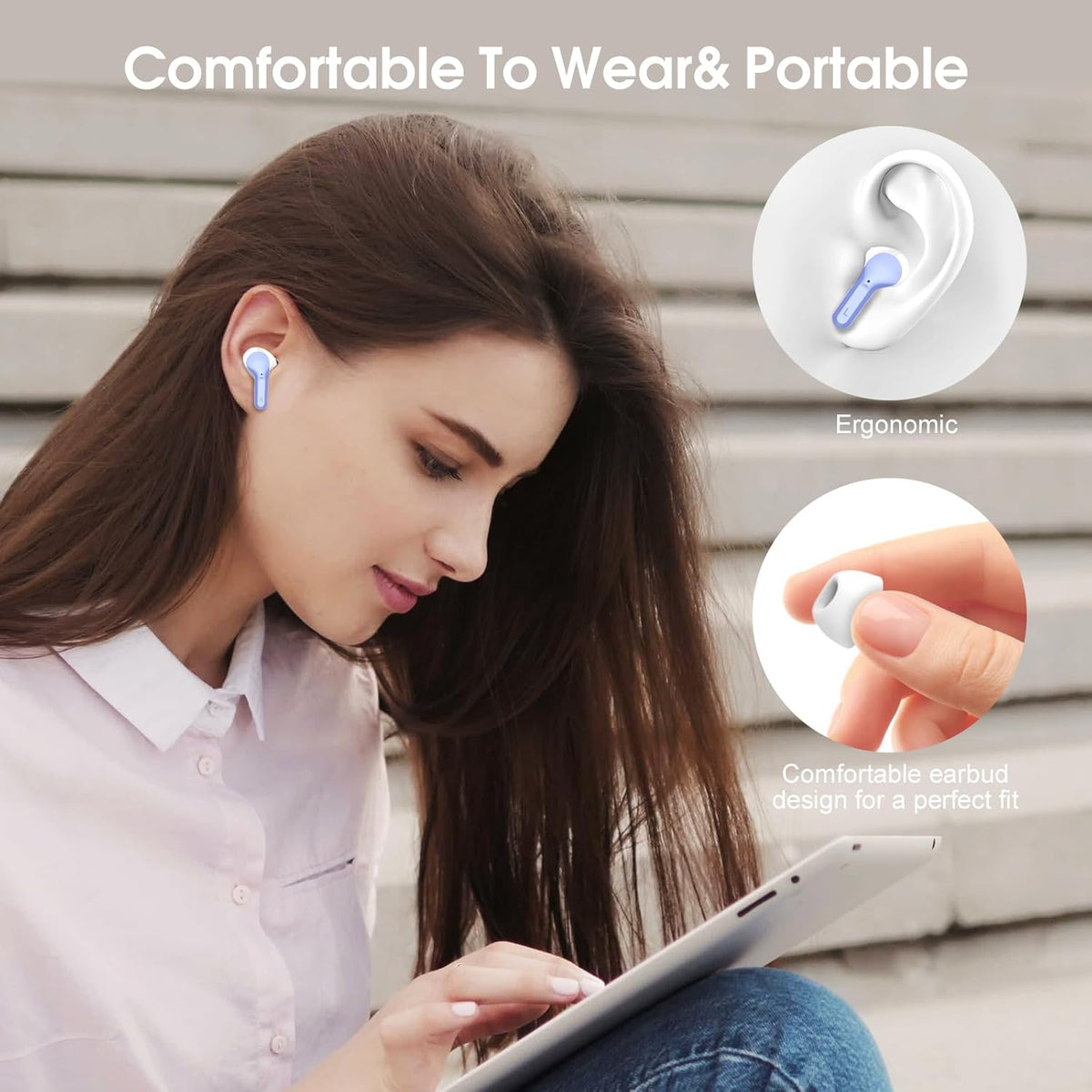 Wireless Earbuds, Bluetooth 5.4 Headphones HiFi Stereo, Bluetooth Earbuds with ENC Noise Cancelling Mic, IP7 Waterproof in Ear Earphones, 48H, LED Display Ear buds for Pad Workout Sports, White Purple