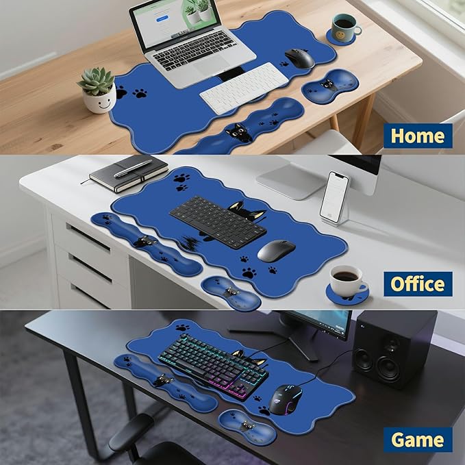 4-in-1 XXL Gaming Mouse Pad Set (31.5x11.8) with Keyboard Wrist RestMouse Wrist Support & CoasterNon-Slip Desk Mat for Office、Home、GamingCute Black Cat