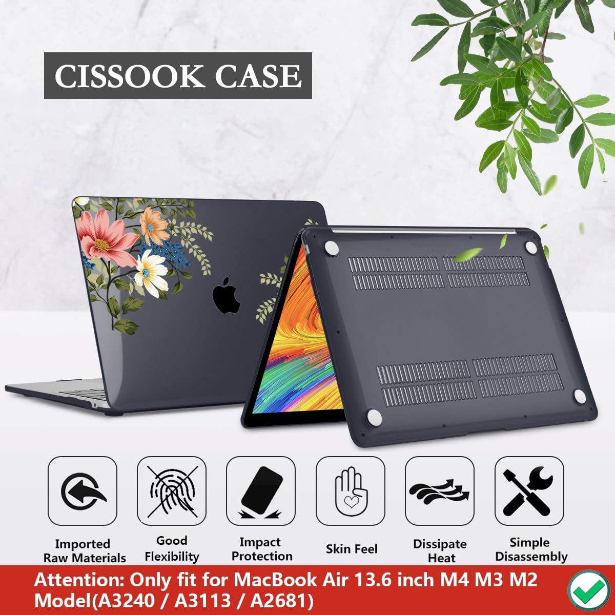 CISSOOK Compatible with MacBook Air 13.6 Inch Case 2025 2024 2023 2022, Plastic Hard Shell Case with Keyboard Cover for MacBook Air 13.6 M2 M3 M4 Chip A2681 A3113 A3240 Model, Retro Flower