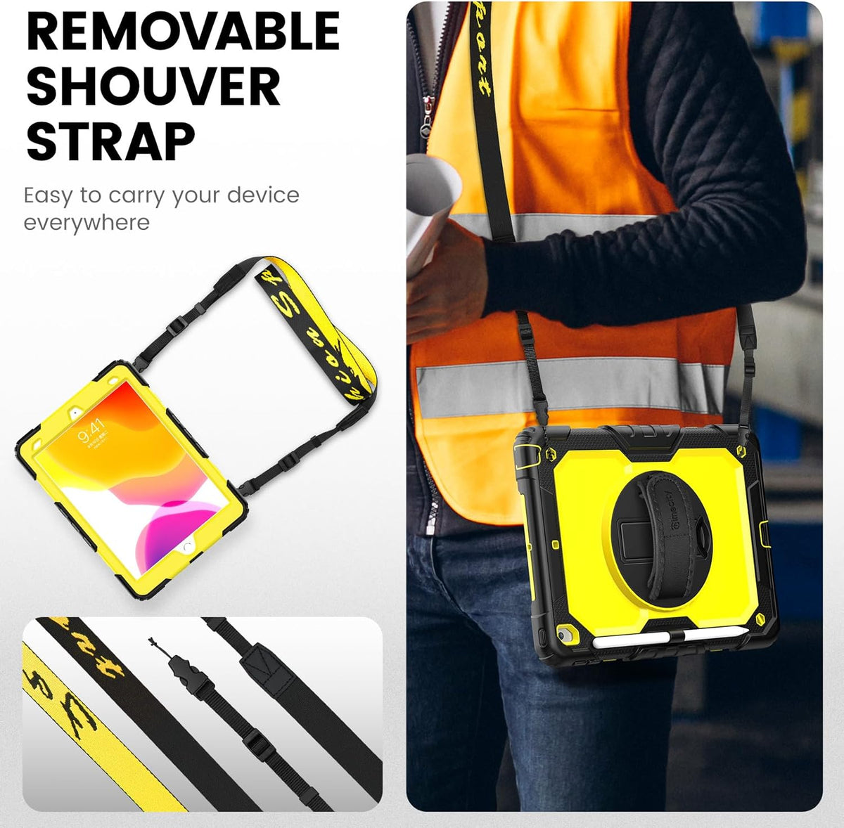 Timecity Case for iPad 9th/ 8th/ 7th Generation 10.2 inch - Heavy Duty Protective Cover with Screen Protector, Rotating Stand, Shoulder Strap & Pencil Holder | Kids-Friendly (Yellow)