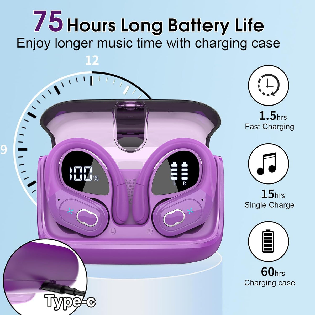 Wireless Earbuds 75hrs Bluetooth 5.4 Headphone Sport, 2025 Bluetooth Earbuds Stereo Deep Bass Over Ear Bud with Earhooks, ENC Noise Cancelling Mic, IPX7 Waterproof Earphone, Purple