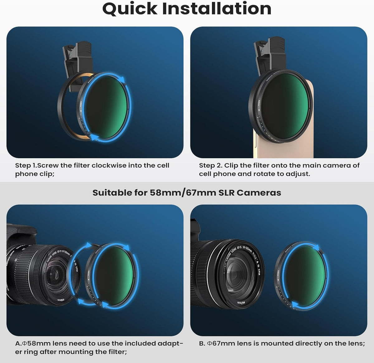 67mm Variable ND2-400 Filter for Phone/DSLR, HD Adjustable Neutral Density Filter with Universal Clip,Adapter Ring, Lens Attachment for iPhone 16 15 14 13 12 Samsung Pixel and Other Smartphones/Camera