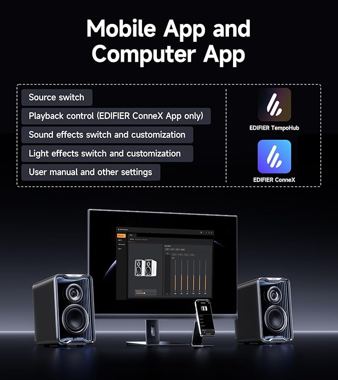 Edifier QR30 2.0 Desktop Active Speaker Compact Bluetooth V5.4 Computer Speakers Wireless Bookshelf Speaker 30W (RMS) 3.5mm AUX & USB-A Wired Input Dynamic Light Effects App Control Black