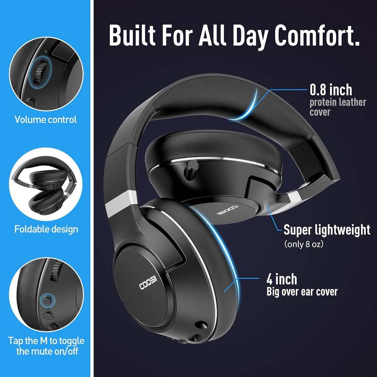 Wireless Bluetooth Headsets with Microphone for Computer, Headphone Foldable Over Ear Soft 40H with Retractable Mic, USB Dongle for PS5 PS4 PC Cellphone Laptop
