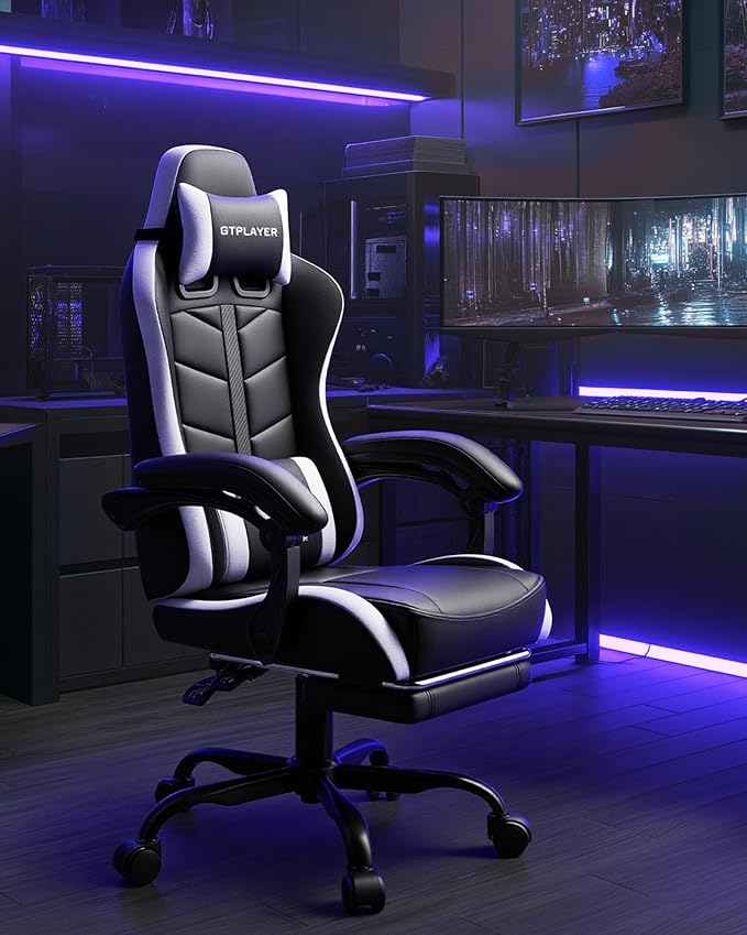 GTPLAYER Gaming Chair Ergonomic Game Computer Chairs with Foot Rest for Adults Adjustable PC Game Chair with Reclining Function and Comfortable Headrest for Home and Office Use (White)