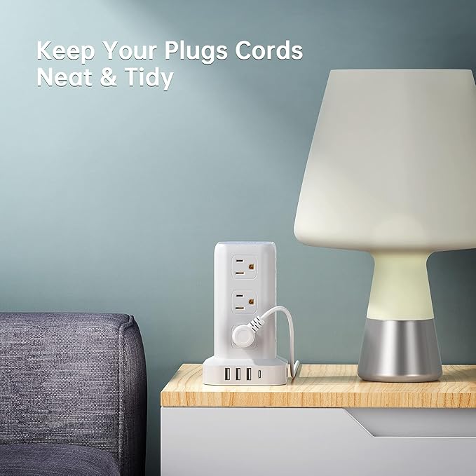 Power Strip with 12 Outlets 4 USB (1 USB C), 10Feet Extension Cord with Multiple Outlets, Charging Station, Power Strip Tower, Home Office Desk Supplies
