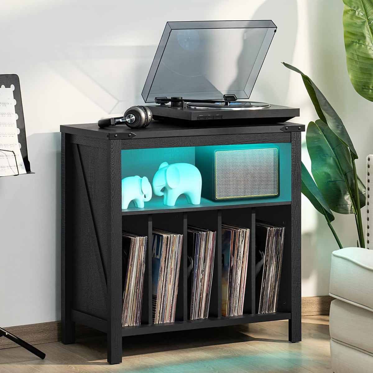 Large Record Player Stand with Charging Station & LED Lights, Vinyl Records Storage Holder Cabinet Holds up to 230 Albums, Turntable Stand for Music Room, Bedroom, Living Room, Office (Black)