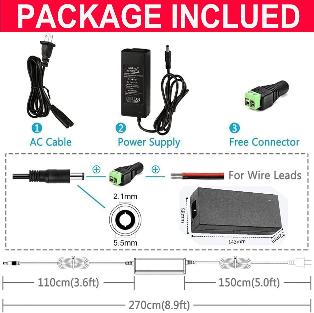 HAASHADA 12V 100-240V 12V 12A 144 Power Supply, Power Transformers, AC to DC Power Supply LED Adapter, Watt Max