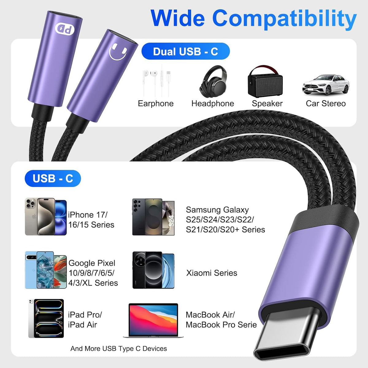 USB Type C Splitter 2 in 1 USB C Headphone and Charger Adapter Audio Dongle Cable with PD 60W Fast Charging for Samsung Galaxy A17 A16 A15 A56 S25 S24 S23 S22 S21 iPhone 17 16 15 Pro Max Pixel 10 9 8
