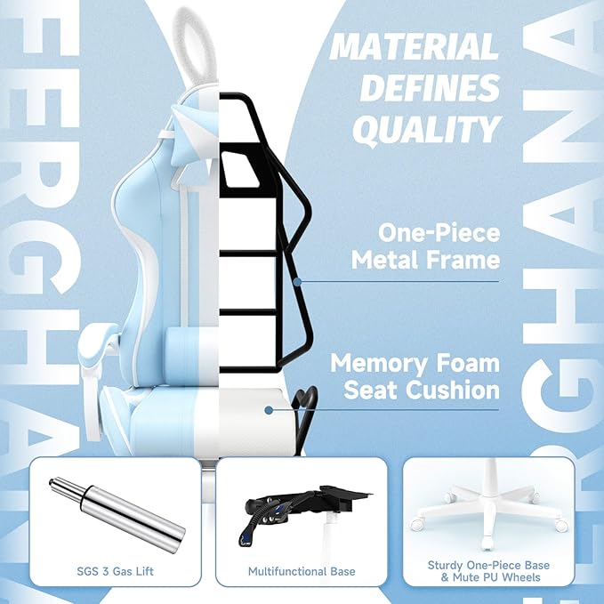 Ferghana Kawaii Light Blue Gaming Chair with Bunny Ears Ergonomic Cute Gamer Chair with Footrest and Massage Racing Reclining Home Computer Game Chair for Girls Adults Teens Kids