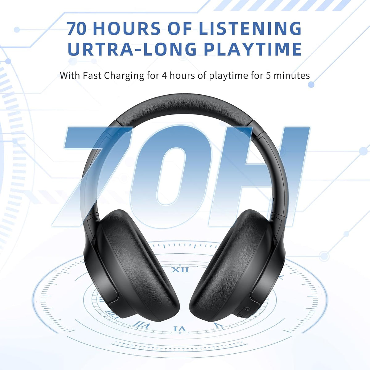 Active Noise Cancelling Headphones, Wireless Over Ear Bluetooth Headphones with Microphone, Transparency Mode, 70H Playtime, Hi-Res Audio, Deep Bass, Bluetooth 5.3, Lightweight Design,Black