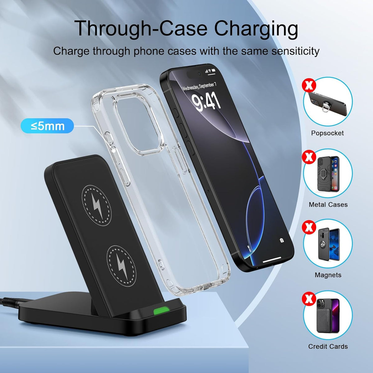 Wireless Charger Stand for Samsung Galaxy S25 Ultra Plus S24 S23 FE S22 S21,Motorola Desk Android Phone Fast Wireless Charging Station for Moto Razr Plus/Edge/G Stylus Power 2024,iPhone 16,18W Adapter