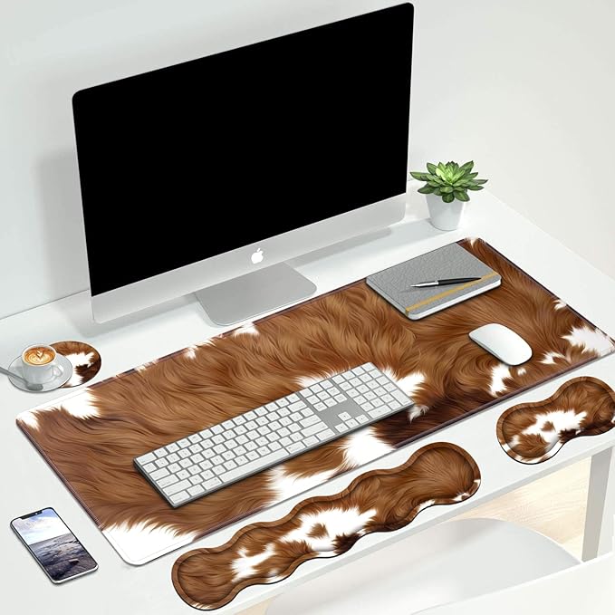 4 in 1 Ergonomic Keyboard Wrist Rest & Mouse Pad Wrist Rest Set Large XXL Gaming Desk Mat 31.5x 11.8 with Non-Slip Base Memory Foam for Home Office Study Gaming Brown Cow Print