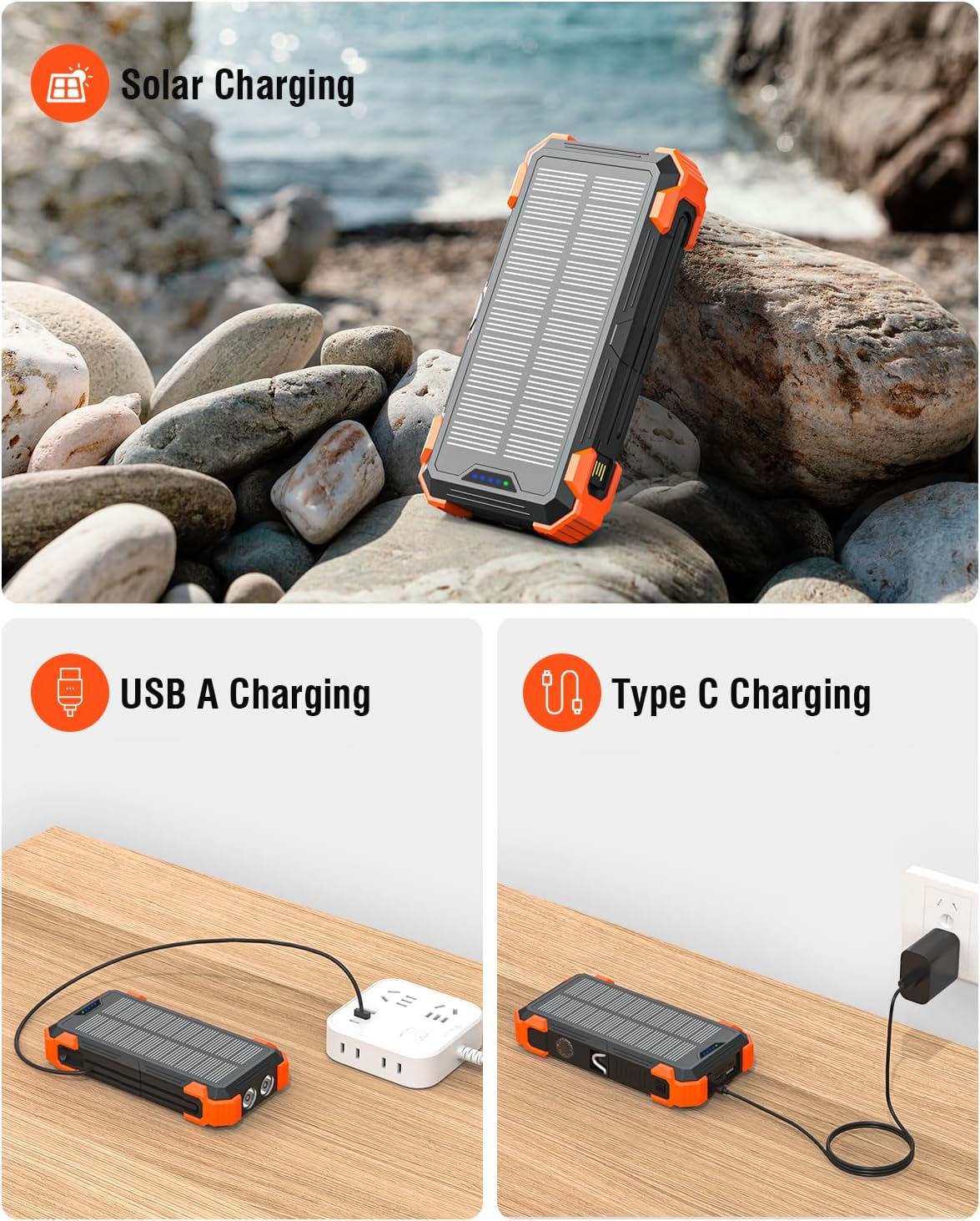 Solar Charger Power Bank, 42800mAh Wireless Portable Charger with USB-C in/Output, QC3.0 Fast Charging 15W 4 Ports Outdoor Battery Pack Built-in Dual Led Flashlights for iPhone Samsung etc