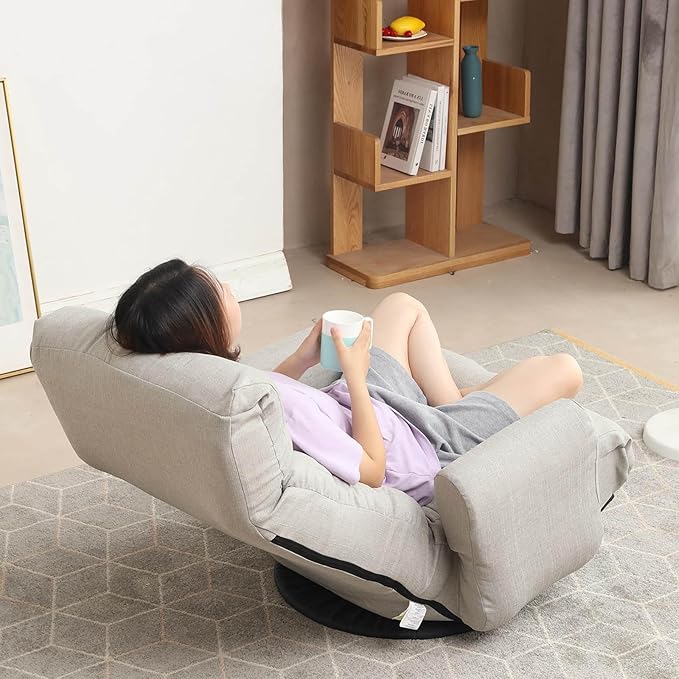 360° Swivel Gaming Floor Chair Linen Folding Lounge Chair 14 Position Adjustable Folding Sofa Chair with Armrests Cushion Padded Indoor Chaise Lounge Rocker for Teens & Adults (Linen Gray)