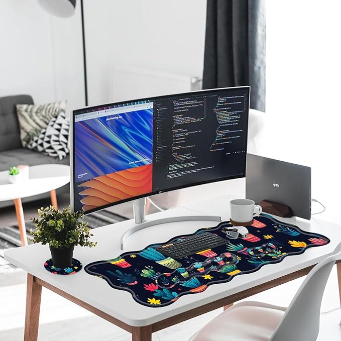 Large Gaming Mouse Pad Keyboard Wrist Rest Pad & Wrist Support Mousepad Set Stitched Edge Extended Non-Slip Base Memory Foam Desk Mat for Office HomeCute Cactus