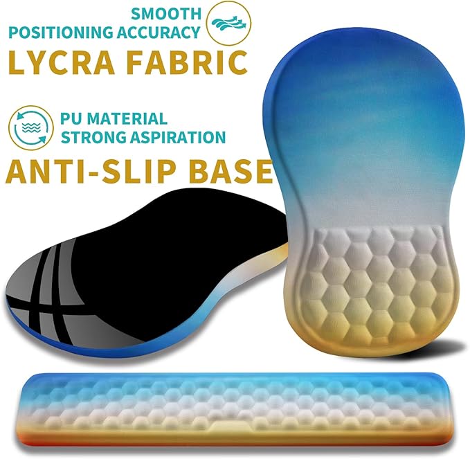 Hokafenle 2 in 1 Ergonomic Mouse Pad Wrist Support & Wrist Rest for Computer Keyboard Set with Relieve Carpal Tunnel Pain Massage Bulge and Full Memory Gel Design (2In1 Set Morning Sky)