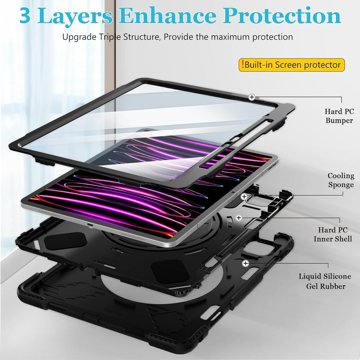 Case for iPad Pro 12.9 2022/2021/ 2020/2018: Cover for iPad Pro 12.9 6th/ 5th/ 4th/ 3rd Generation with Screen Protector- Stand- Pencil Holder- Handle- Shoulder Strap Black