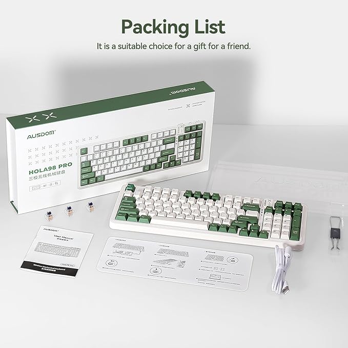 AUSDOM 98Pro Wireless Mechanical Keyboard Tri-Mode BT/2.4GHz/USB-C Hot Swappable Custom Gaming Keyboard with Backlit Gasket Structure Linear Switches for Windows/Mac/PC (Green&White 97keys)