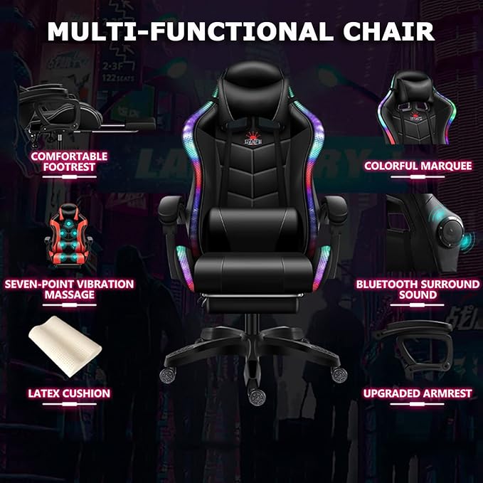 RGB Gaming Chair with Speakers Ergonomic Massage Computer Chair with Footrest Lumbar Support Headrest PU Leather 360°Swivel Recliner Chair High Back Video Game Chair for Adult TeensWhite