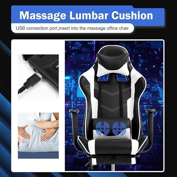 Gaming Chair with Massage & Footrest - Ergonomic Racing Office Chair for Adults Women Gamers - Adjustable Reclining PC Gaming and Home Office Desk Chair with Lumbar Support White
