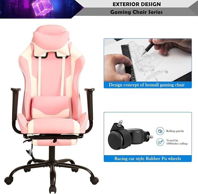 Pink Gaming Chair with Footrest Big and Tall Gaming Chairs for Adults Leather Computer Desk Chair for High Back Height Adjustable Reclining Gamer Chair with 360° Swivel Wheels & Lumbar Support