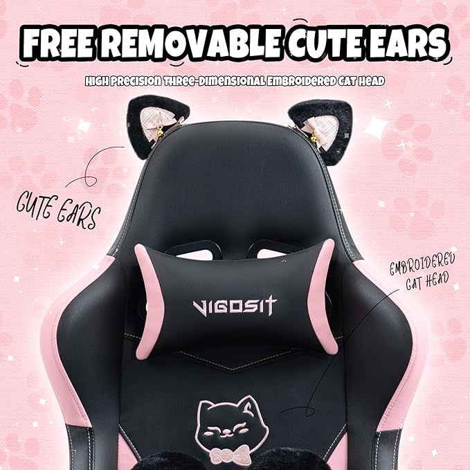 Gaming Chair Cute Cat Gaming Chairs with Paw Lumbar Cushion for Girls Video Gamer Chair with Footrest for Girl Teen Woman (Blackpink-A)