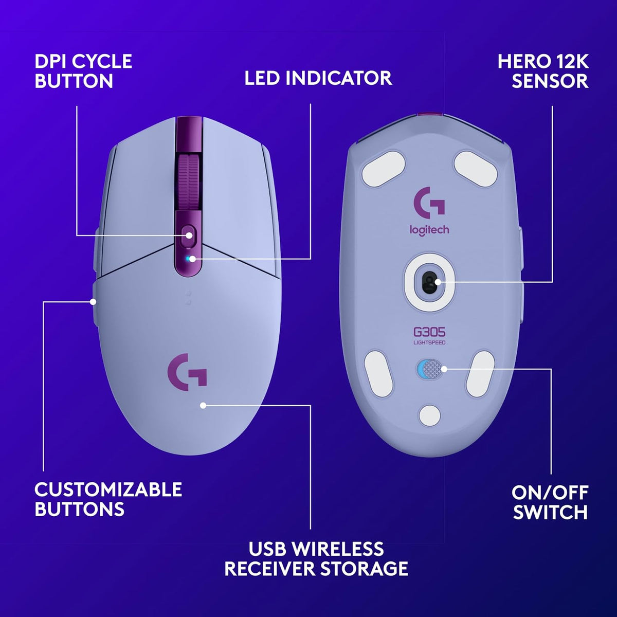 Logitech G305 LIGHTSPEED Wireless Gaming Mouse, Hero 12K Sensor, 12,000 DPI, Lightweight, 6 Programmable Buttons, 250h Battery Life, On-Board Memory, PC/Mac - Lilac