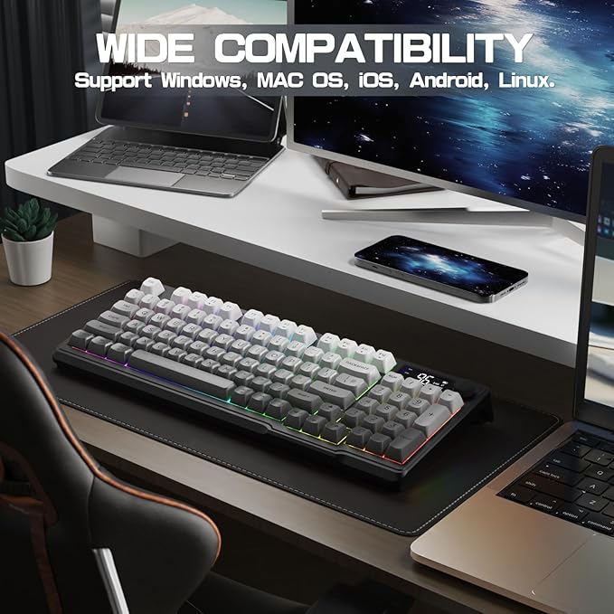 LexonElec M96 Wireless Keyboard Low Profile Quiet Typing Membrane Gaming Keyboard with Smart Display & Knob RGB Backlit USB C Rechargeable 94 Keys PBT Keycap for Windows PCMacLinux-Moonlit N